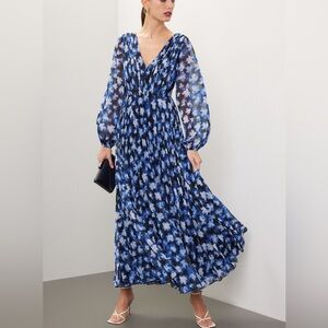 $645 NWT ML Monique Lhuillier “Melanie” Chiffon Maxi Dress in Navy #2 Sz 4